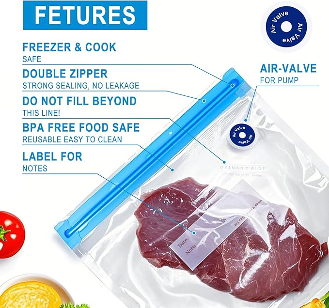 Reusable Sous Vide Bags 43Pcs BPA-Free, 4.3L Vacuum Sealer Bags for Cooking & Microwave, 35 Zipper Bags, 3 Seal Clips & 5 Cooking Clips, Heat-Resistant & Leakproof (12x13.5in)