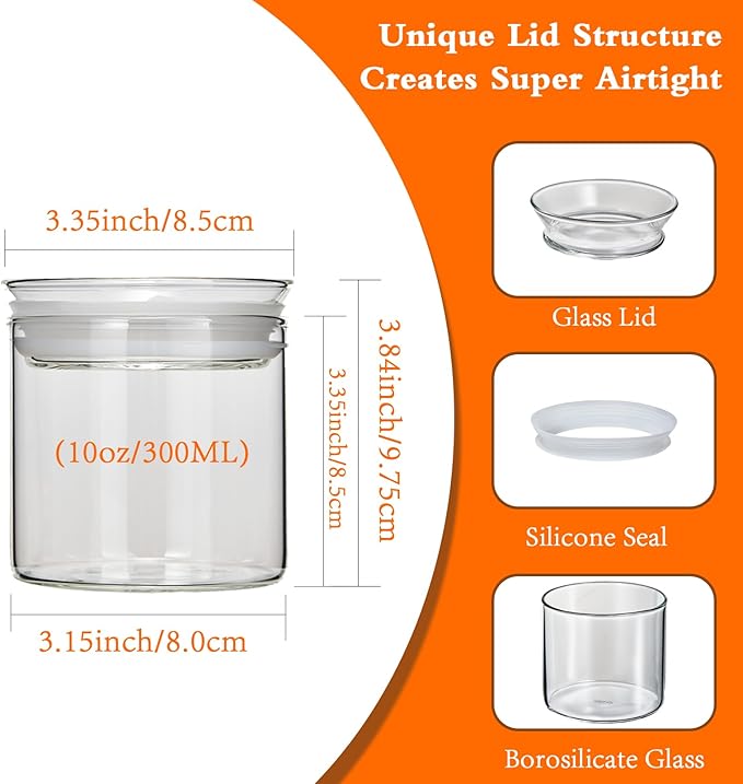 ZENS 10oz Glass Jars with Airtight Lid, 4 Pack Glass Kitchen Canisters Set for Spice, Loose Tea, Small Clear Glass Storage Jars with Labels for Herbs, Sugar