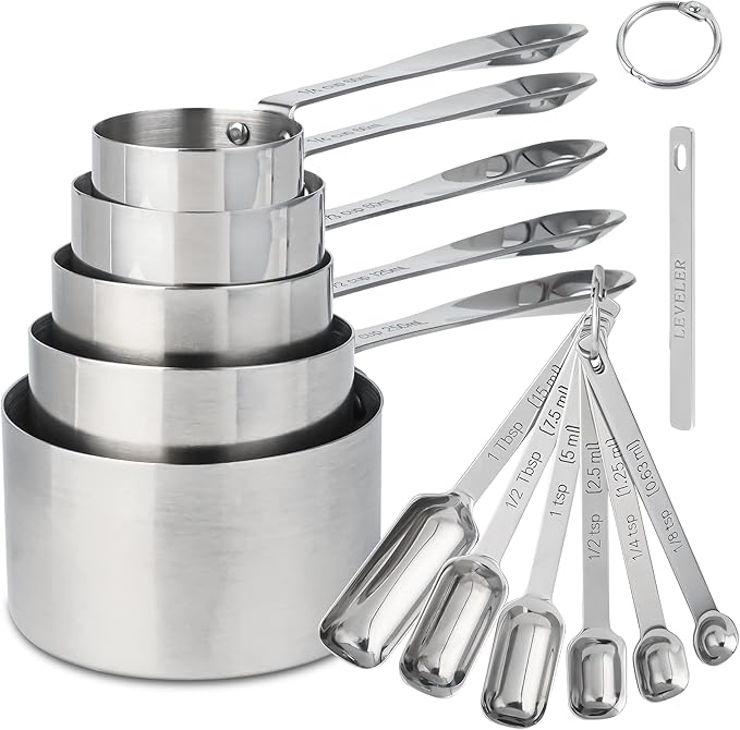 Stainless Steel Measuring Cups and Spoons Set of 12, 5 Dry Measuring Cups and 6 Measuring Spoons With Leveler for Kitchen