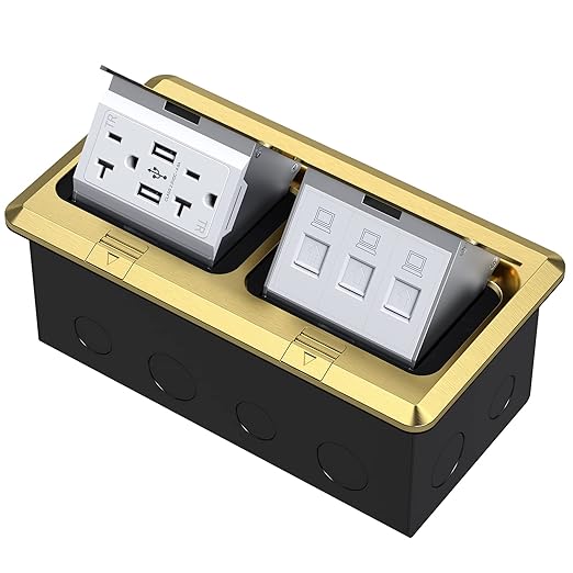 KYHSHJ Dual Pop-Up Floor Electrical Outlet Box Kit,20 Amp Stainless Steel USB TR Receptacle Outlet,3-Port RJ45 Datacom Receptacle,Waterproof Gasket with IP44 Waterproof Rating, ETL Listed, Brass