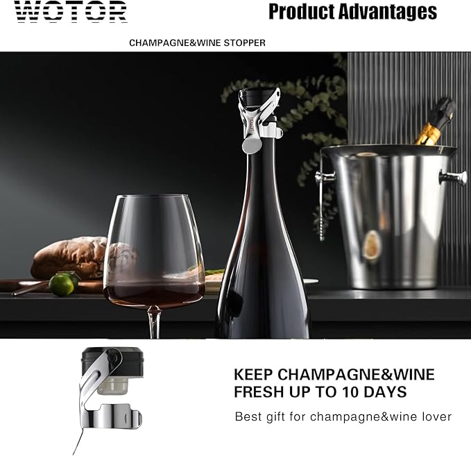 WOTOR Champagne&Wine Bottle Stoppers Stainless Steel with Food Grade Silicone, Leak Proof Keep Fresh Reusable Saver, Cork Suitable for Wine, Champagne, Cava, Prosecco and Sparkling (12 Pack Silver)