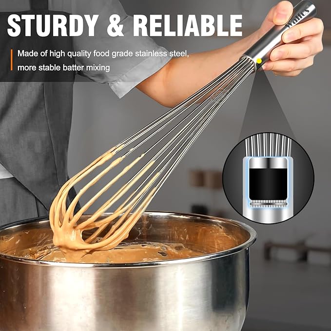 Walfos Whisks Large Whisk Set of 2, Heavy Duty Stainless Steel Wire Whisk Ideal For Beating Eggs, Mixing Batter & Blending Sauces.(13in+17in)