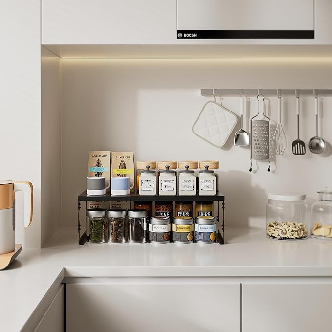 Stackable Expandable Metal Shelf Organizer - Adjustable Wire Storage Rack with Holes for Kitchen, Bathroom, Cabinet, Office - Space Saving, Durable & Sturdy Design(2PACKS/Large/Black