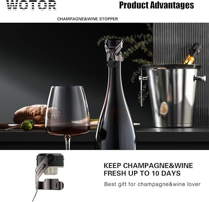 WOTOR Champagne&Wine Bottle Stoppers Stainless Steel with Food Grade Silicone, Leak Proof Keep Fresh Reusable Saver, Cork Suitable for Wine, Champagne, Cava, Prosecco and Sparkling (6 Pack Black)