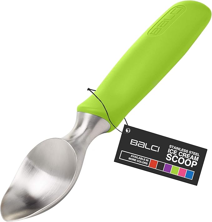 BALCI Ice Cream Scoop - Heavy Duty Stainless Steel Icecream Scooper With Non-Slip Rubber Grip - Professional Metal Ice-Cream Spade - Dishwasher Safe – Green