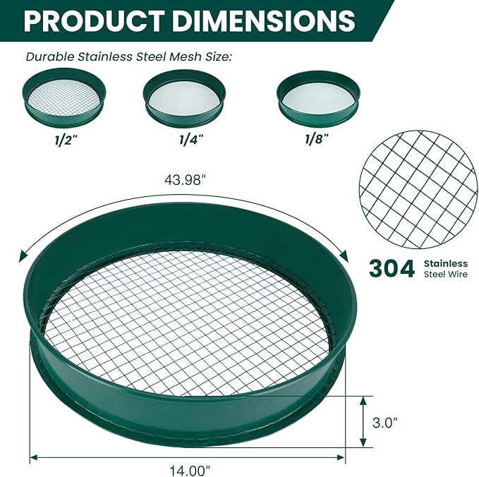 Soil Sifter, 3PCS Soil Sifter Set for Gardening, Stainless Steel Sifter(1/2", 1/4", and 1/8")