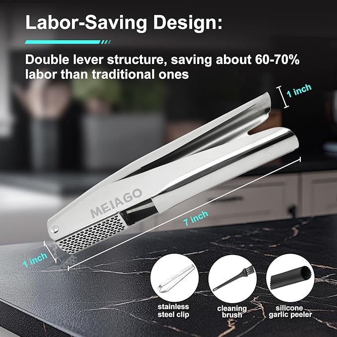 Garlic Press, Stainless Steel Garlic & Ginger Crusher, with Built-In Cleaner, Rust Resistant, No Peel, Large Capacity, Easy Clean,Dishwasher Safe,Silver