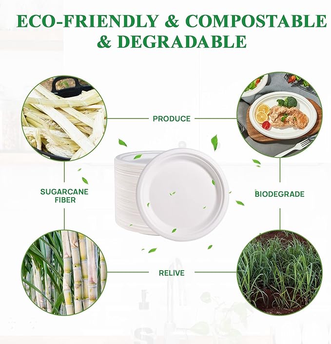 Vplus 500 Pack Paper Plates 9 inch 100% Compostable, Heavy-Duty Disposable Paper Plates Bagasse Natural Biodegradable Eco-Friendly Sugarcane(White)