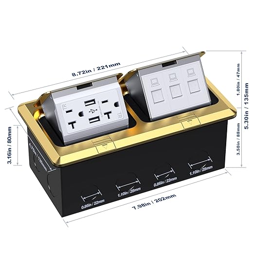 KYHSHJ Dual Pop-Up Floor Electrical Outlet Box Kit,20 Amp Stainless Steel USB TR Receptacle Outlet,3-Port RJ45 Datacom Receptacle,Waterproof Gasket with IP44 Waterproof Rating, ETL Listed, Brass