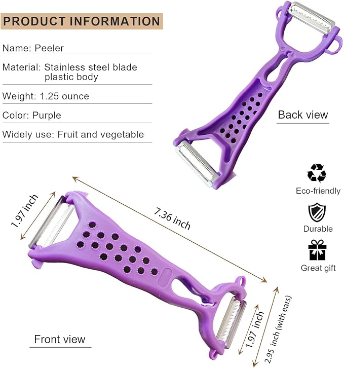 Multi Fruit Vegetable Peeler & Grater, Double Serrated Stainless Steel Blade(Peeler and Grater Function), Sharp Blade for Cucumbers,Carrot, Apples, Potato Eye Remover. Grinding of Garlic and Ginger