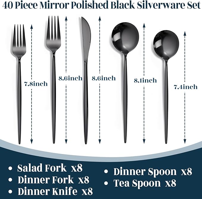 NOCCUR 40-Piece Stainless Steel Black Silverware Set for 8 - Black Utensils Set Include Knives Spoons and Forks for Home/Party/New Year