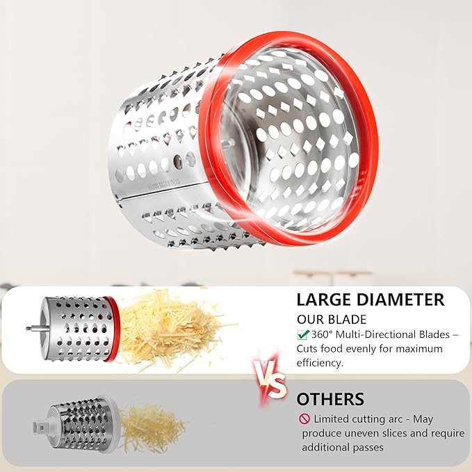 4-in-1 Rotary Cheese Grater Handheld, Lightweight Body with 4 Stainless Steel Blades & Non-Slip Suction Base, for Shredding Parmesan, Slicing Vegetables, Grating Chocolate(Red)