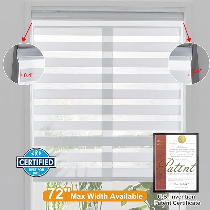 Persilux Cordless Zebra Blinds for Windows Free-Stop Roller Shades for Windows (62" W x 72" H, White) Dual Layer Window Treatments Room Darkening Roller Blinds for Home, Office and Kitchen