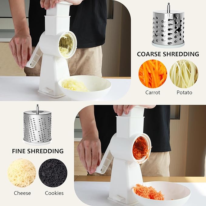 4-in-1 Rotary Cheese Grater Handheld, Lightweight Body with 4 Stainless Steel Blades & Non-Slip Suction Base, for Shredding Parmesan, Slicing Vegetables, Grating Chocolate(White)