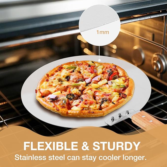 12 Inch Stainless Pizza Peel, Pizza Spatula with Ergonomic Long Wood Handle for Pizza Oven Baking, Turing Peel for Pizza, Dough, Bread Pastry
