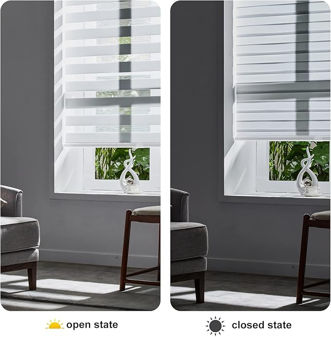 Persilux Cordless Zebra Blinds for Windows Shades (65" W x 72" H, White) Dual Layer Fabric Light Control for Day and Night Room Darkening Sheer Roller Shades for Home, Bedroom and Office