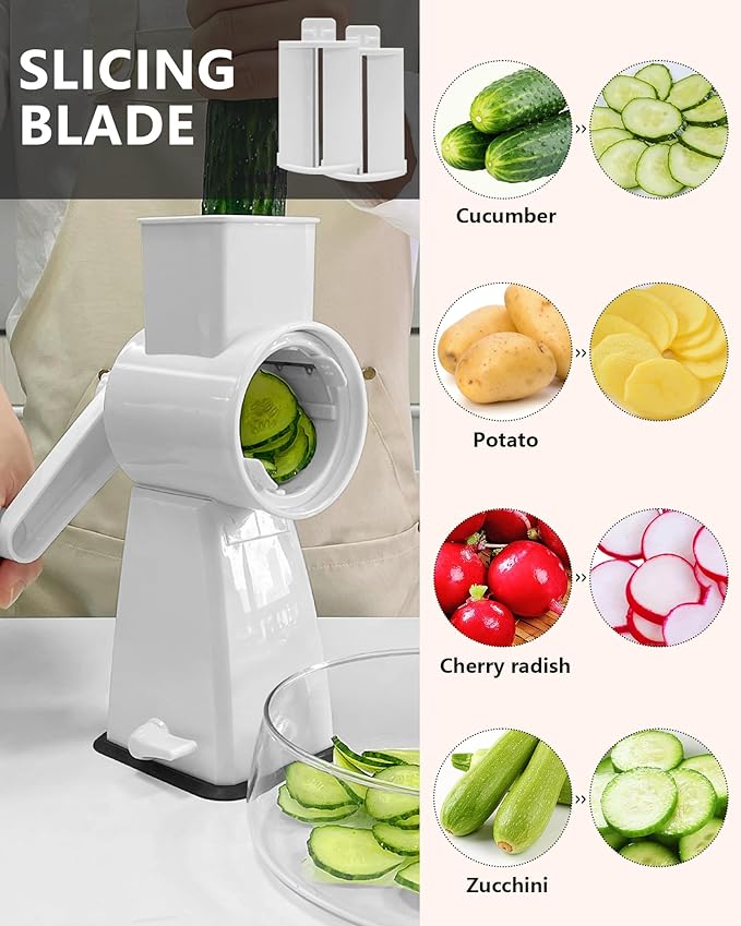 3-in-1 Rotary Cheese Grater Handheld, Lightweight Body with 3 Stainless Steel Blades & Non-Slip Suction Base, for Shredding Parmesan, Slicing Vegetables, Grating Chocolate(White)