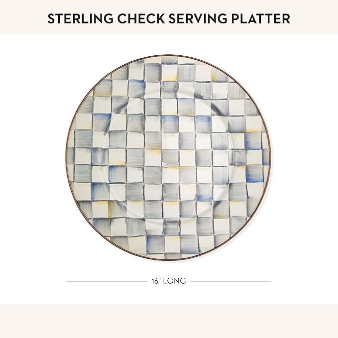 MACKENZIE-CHILDS Enamel Serving Platter, Decorative Serving Platter for Food, 16 Inches, Gray-and-White Sterling Check