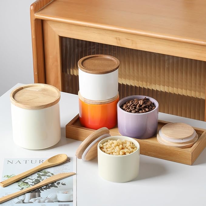 Sweejar Kitchen Canisters Ceramic Food Storage Jar, Stackable Containers with Airtight Seal Wooden Lid for Serving Ground Coffee, Tea, Sugar, Salt and More - 16 Fl Oz (Beige)