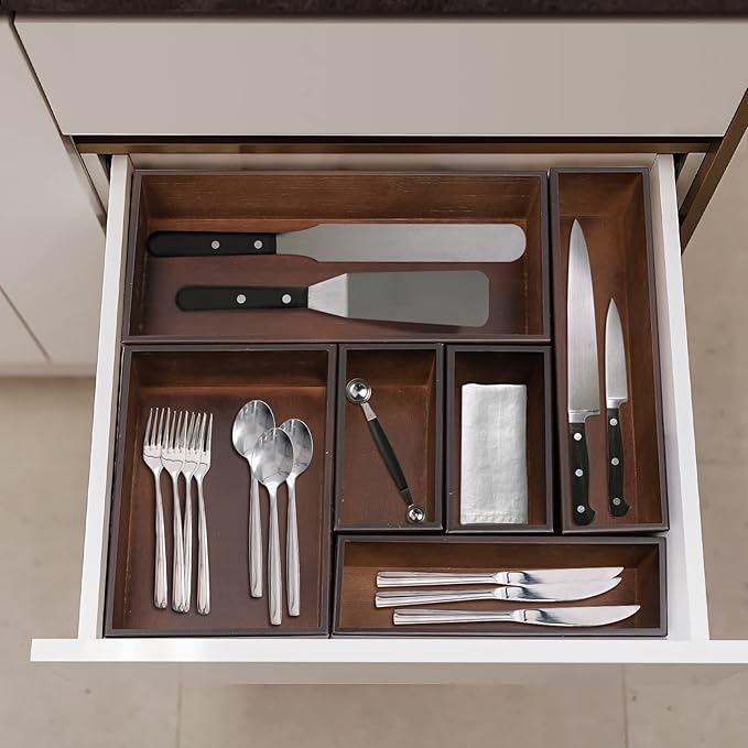 Bamboo Drawer Organizer - Kitchen Utensil Organizer Silverware Tray Cutlery Holder,Office Desk Supplies and Accessories,15 * 5.9 * 2.6,Nut-brown