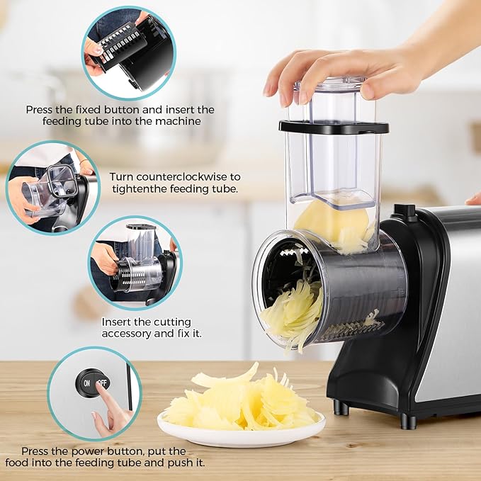 Electric Cheese Grater, 250W Electric Slicer Shredder, One-Touch Control Electric Salad Machine for Cheese, Fruits, Vegetables, Salad Maker with 5 Different Shapes of Blades, 2025 Upgrade