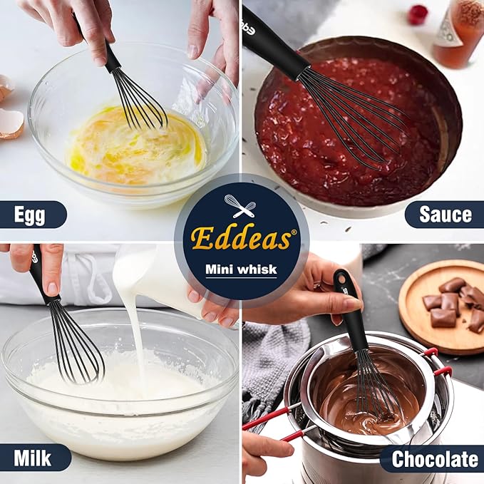 Silicone Mini Whisk, Small whisks Non-Stick Tiny Whisks set of 2(5.5in & 7.5in)-Heat Resistant (450°F) Whisks, Balloon Egg Beater Perfect for Whisking, Beating, Mixing, Blending, Black