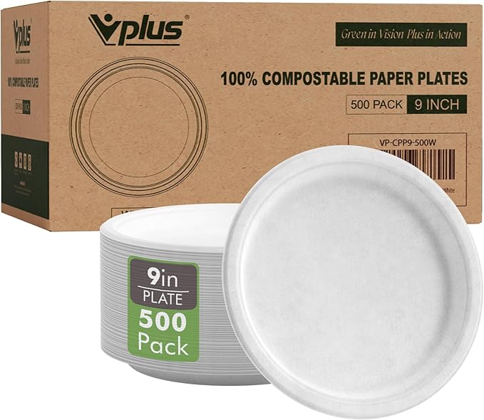 Vplus 500 Pack Paper Plates 9 inch 100% Compostable, Heavy-Duty Disposable Paper Plates Bagasse Natural Biodegradable Eco-Friendly Sugarcane(White)
