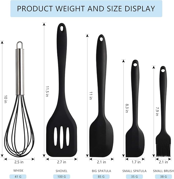 NileHome 4 Pack Silicone Spatula and Whisk Kitchen Utensils with Silicone Brush Heat Resistant BPA-free Rubber Spatula for Scraping, Baking, Cooking, Mixing-Black