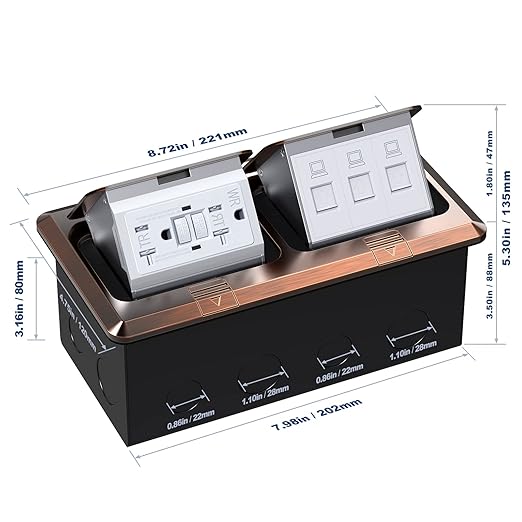 KYHSHJ Dual Pop-Up Floor Electrical Outlet Box Kit,20 Amp Stainless Steel GFCI TR Receptacle Outlet,3-Port RJ45 Datacom Receptacle, Bronze