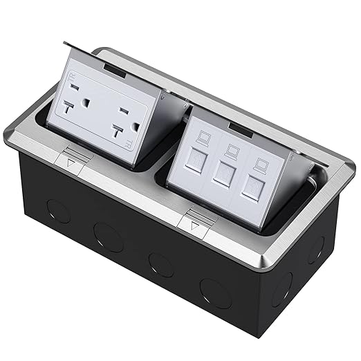 KYHSHJ Dual Pop-Up Floor Electrical Outlet Box Kit,20 Amp Stainless Steel TR Tamper-Resistant Duplex Receptacle,3-Port RJ45 Datacom Receptacle,Silver