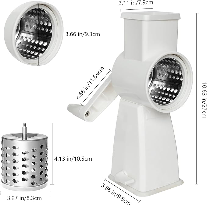 4-in-1 Rotary Cheese Grater Handheld, Lightweight Body with 4 Stainless Steel Blades & Non-Slip Suction Base, for Shredding Parmesan, Slicing Vegetables, Grating Chocolate(White)