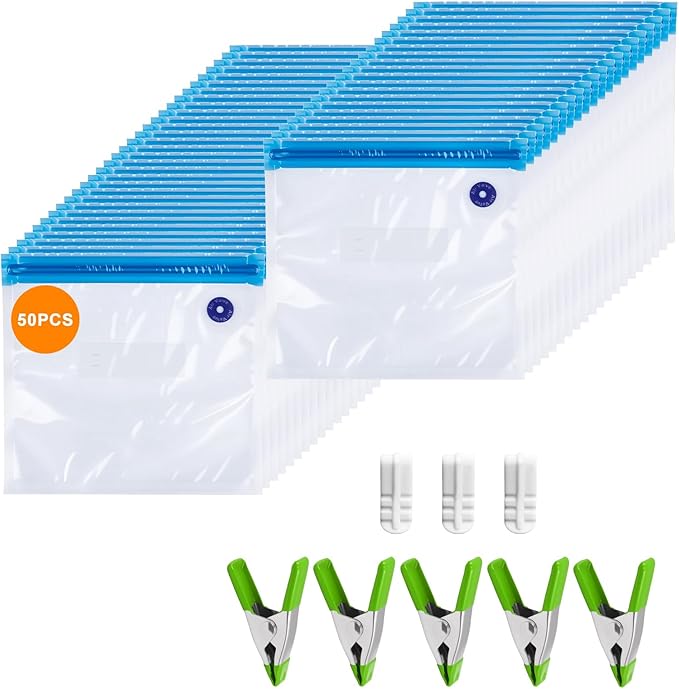 Reusable Sous Vide Bags 58Pcs BPA-Free, 1.4L Vacuum Sealer Bags for Cooking & Microwave, 50 Zipper Bags, 3 Seal Clips & 5 Cooking Clips, Heat-Resistant & Leakproof (8.5x8.5in)