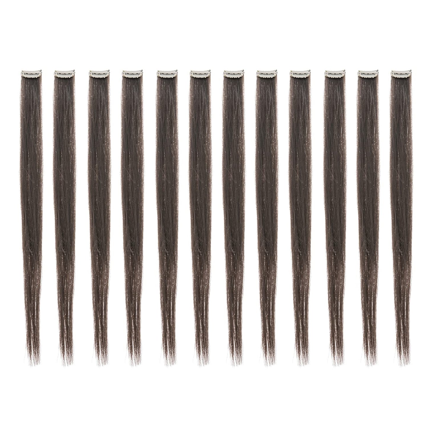 SWACC 12 Pcs Straight One Color Party Highlights Clip on in Hair Extensions Colored Hair Streak Synthetic Hairpieces (Dark Brown-4#)