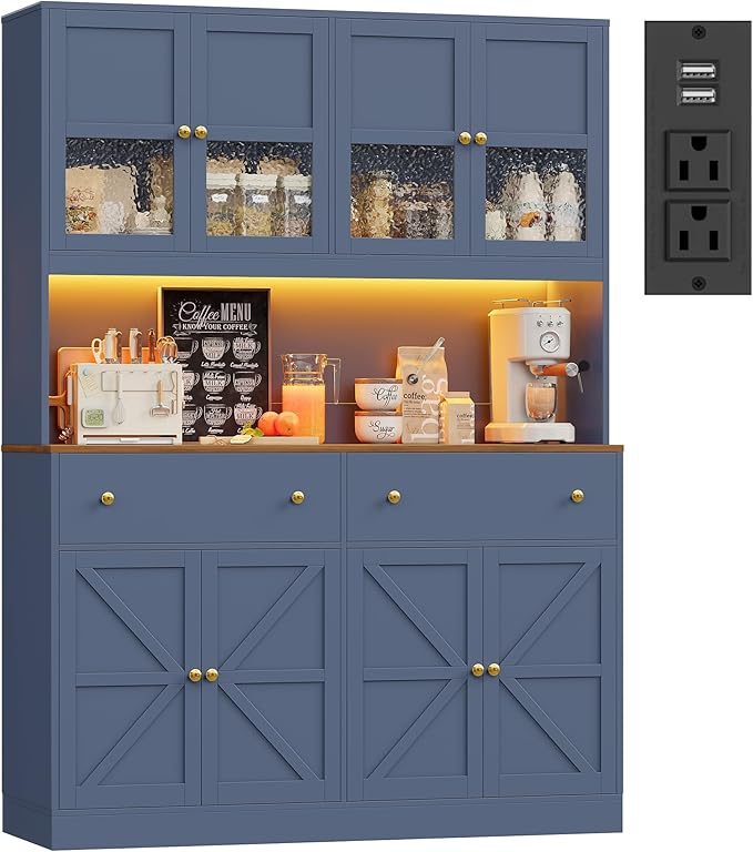 FINETONES 71" Pantry Cabinet with LED Light and Charging Station, Farmhouse Kitchen Pantry Cabinet with Microwave Stand, 47.2" Wide Kitchen Hutch Food Pantry with Open Countertop, Blue