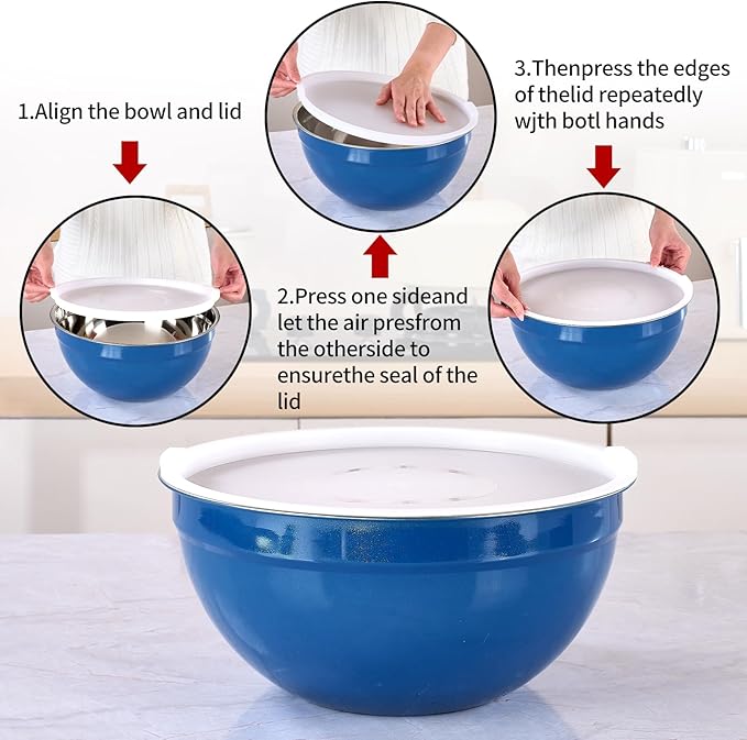 Blue Mixing Bowls with Lids Set of 7, Stainless Steel Nesting Bowl with Khaki Lid for Non-slip Mixing Prepping Storing Serving, 7 Sizes-7/3.6/2.7/2.1/1.5/1/0.8 QT