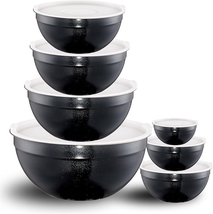 Black Mixing Bowls with Lids Set of 7, Stainless Steel Nesting Bowl with Khaki Lid for Non-slip Mixing Prepping Storing Serving, 7 Sizes-7/3.6/2.7/2.1/1.5/1/0.8 QT
