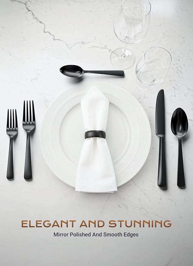 Black Silverware Set, 45-Piece Flatware Set Service for 8, Durable Stainless Steel, Mirror Polished Tableware Eating Cutlery Set, Kitchen Utensils Set with Steak Knives, Dishwasher Safe