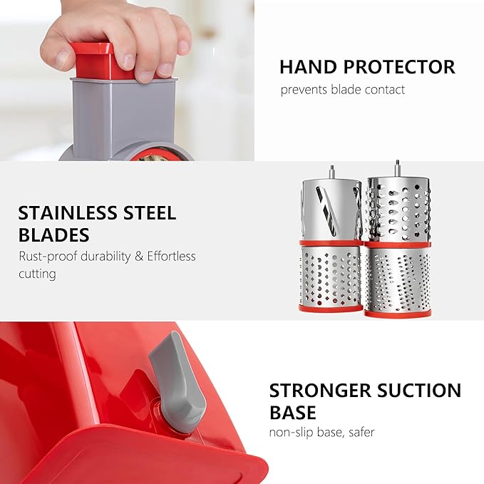 4-in-1 Rotary Cheese Grater Handheld, Lightweight Body with 4 Stainless Steel Blades & Non-Slip Suction Base, for Shredding Parmesan, Slicing Vegetables, Grating Chocolate(Red)