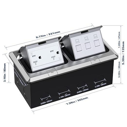 KYHSHJ Dual Pop-Up Floor Electrical Outlet Box Kit,20 Amp Stainless Steel TR Tamper-Resistant Duplex Receptacle,3-Port RJ45 Datacom Receptacle,Silver