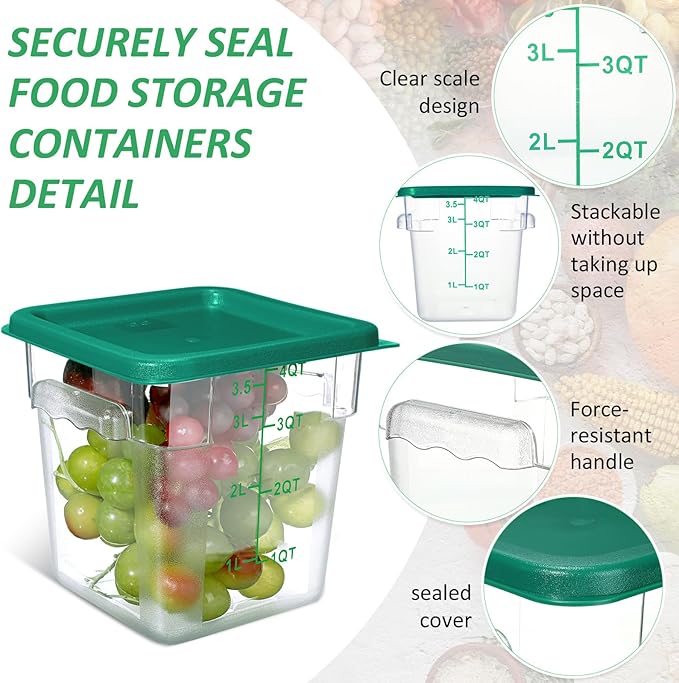 Yungyan 12 Pcs 4 Qt Commercial Food Storage Containers with Lids Restaurant Square Airtight Food Storage Containers Clear Cereal Containers for Kitchen Freezer Dishwasher Pantry(Green Lid)