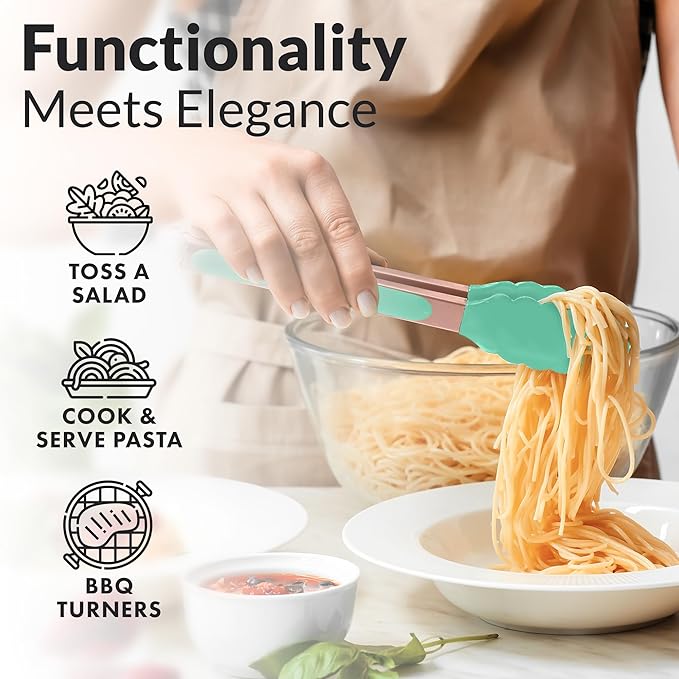 Zulay Stainless Steel Kitchen Tongs with Silicone Tips - Set of 2 (9” & 12”) Locking Cooking Tongs with Non-Slip Grip - Heat Resistant, BBQ Food Tongs for Non-Stick Cooking Pans (Rose Gold/Mint)