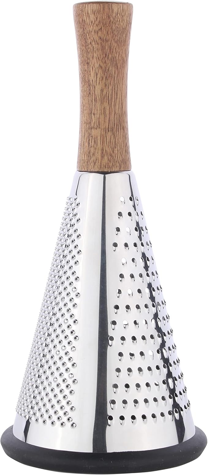 Cone Cheese Grater with Handle - Stainless Steel Triple Function Wood Handle Parmesan Shaver Non-Slip Rubber Bottom Hand Held Multifunction Vegetables Cheese Grater with container (M: 9.4" X 4.3")