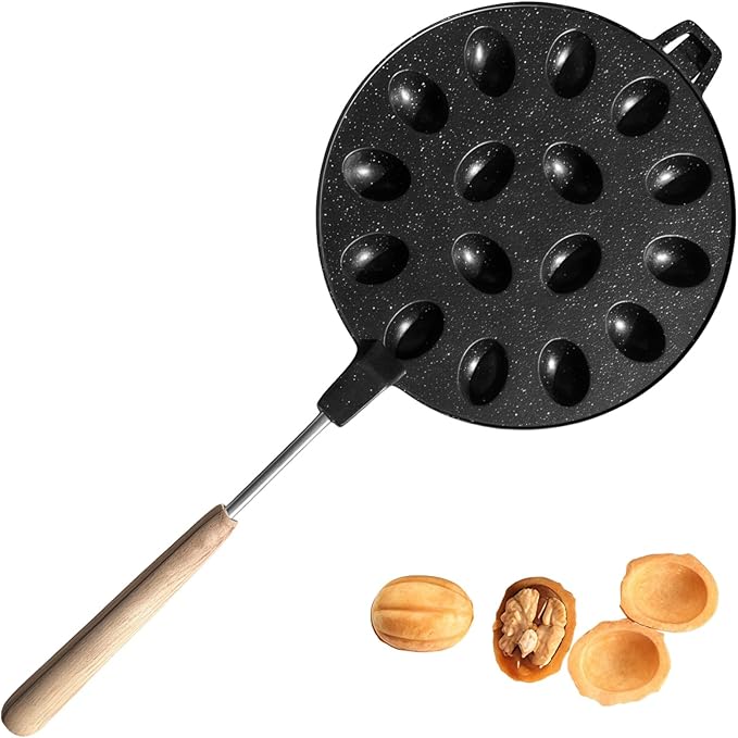16-Cavity Nonstick Walnut Cookie Maker, Oreshi Mold with Long Wooden Handle, Russian Oreshki Baking Iron, Aluminum Alloy Dessert Pan