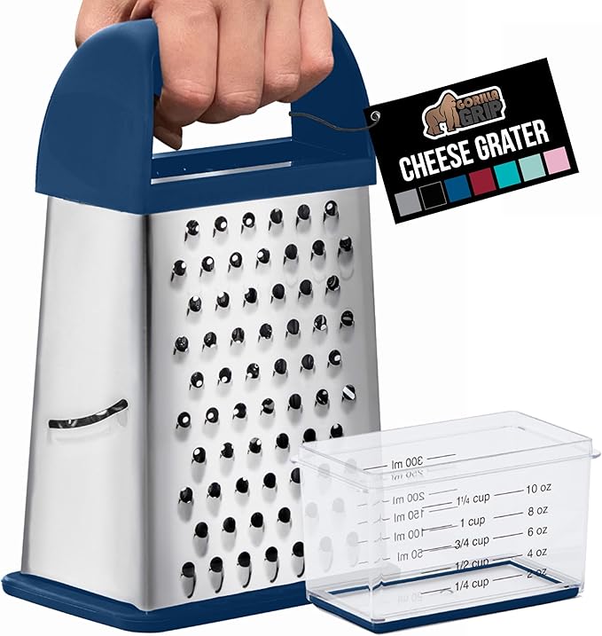 GORILLA GRIP 4-Sided 100% BPA-Free Cheese Grater With Container, Stainless Steel XL Box Graters, Parmesan Shredder, Grate Cheeses, Shred Veggies, Slip Resistant Handle, Dishwasher Safe Zester, Blue