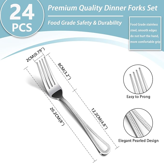 24-Piece Dinner Fork Set, 8-Inch Silverware, Stainless Steel, Elegant Pearl Dot Handle, Dishwasher Safe