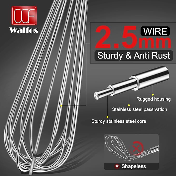 Walfos Whisks Large Whisk Set of 2, Heavy Duty Stainless Steel Wire Whisk Ideal For Beating Eggs, Mixing Batter & Blending Sauces.(13in+17in)