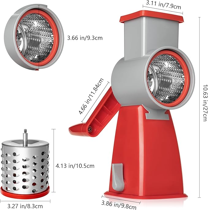 4-in-1 Rotary Cheese Grater Handheld, Lightweight Body with 4 Stainless Steel Blades & Non-Slip Suction Base, for Shredding Parmesan, Slicing Vegetables, Grating Chocolate(Red)