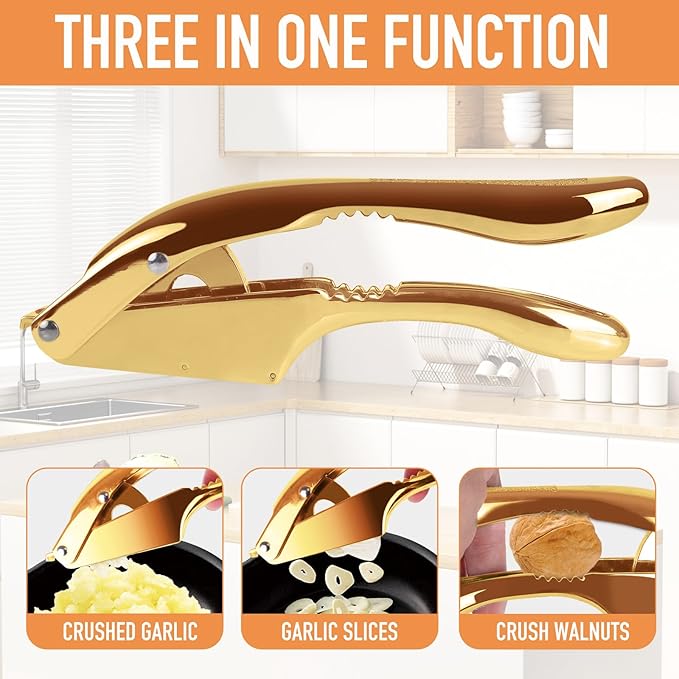 Garlic press and slicer 2 in 1,Effortlessly Crush, Slice, and Mince Garlic,with this Versatile Kitchen Tool - Perfect for Home Cooks and Professional Chefs Alike. (Golden)