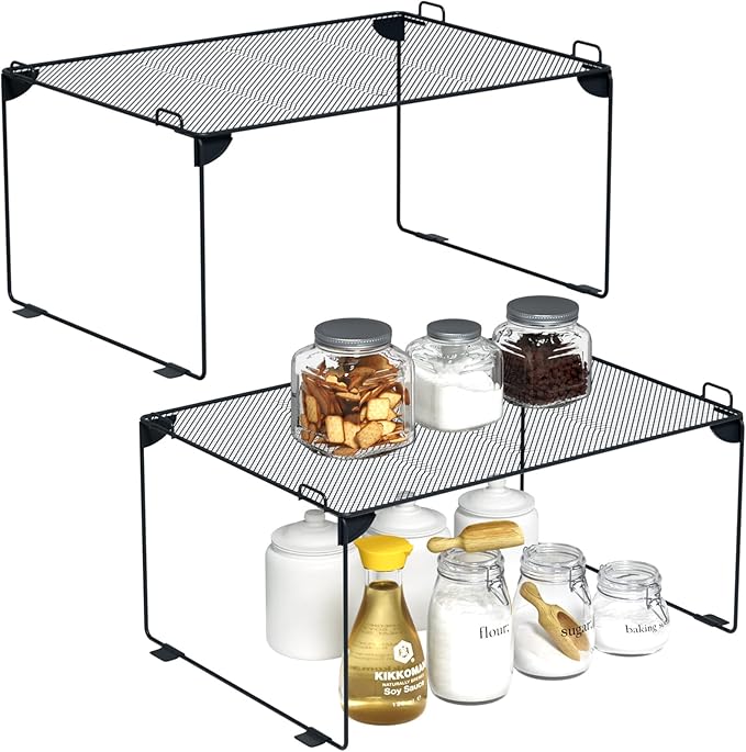 Neudeco Stackable Cabinet Shelf Organizer - 2 Pack Metal Mesh Stacking Shelves for Kitchen, Closet, Bathroom, Countertop and Cabinet -Gray