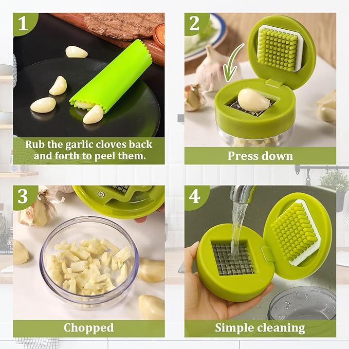 2 Pcs Garlic Press Stainless Steel,Mini Garlic Chopper,with Peeler,Cleaning Brush and Scrapers